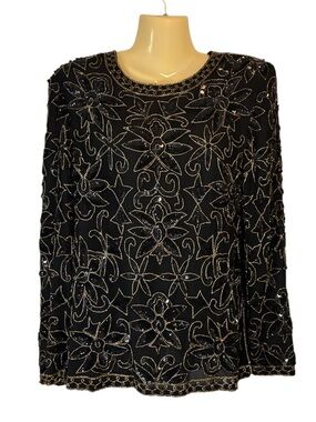 Avalon Beaded Floral Sequined Embellished Silk Long Sleeve Top Blouse Black Med